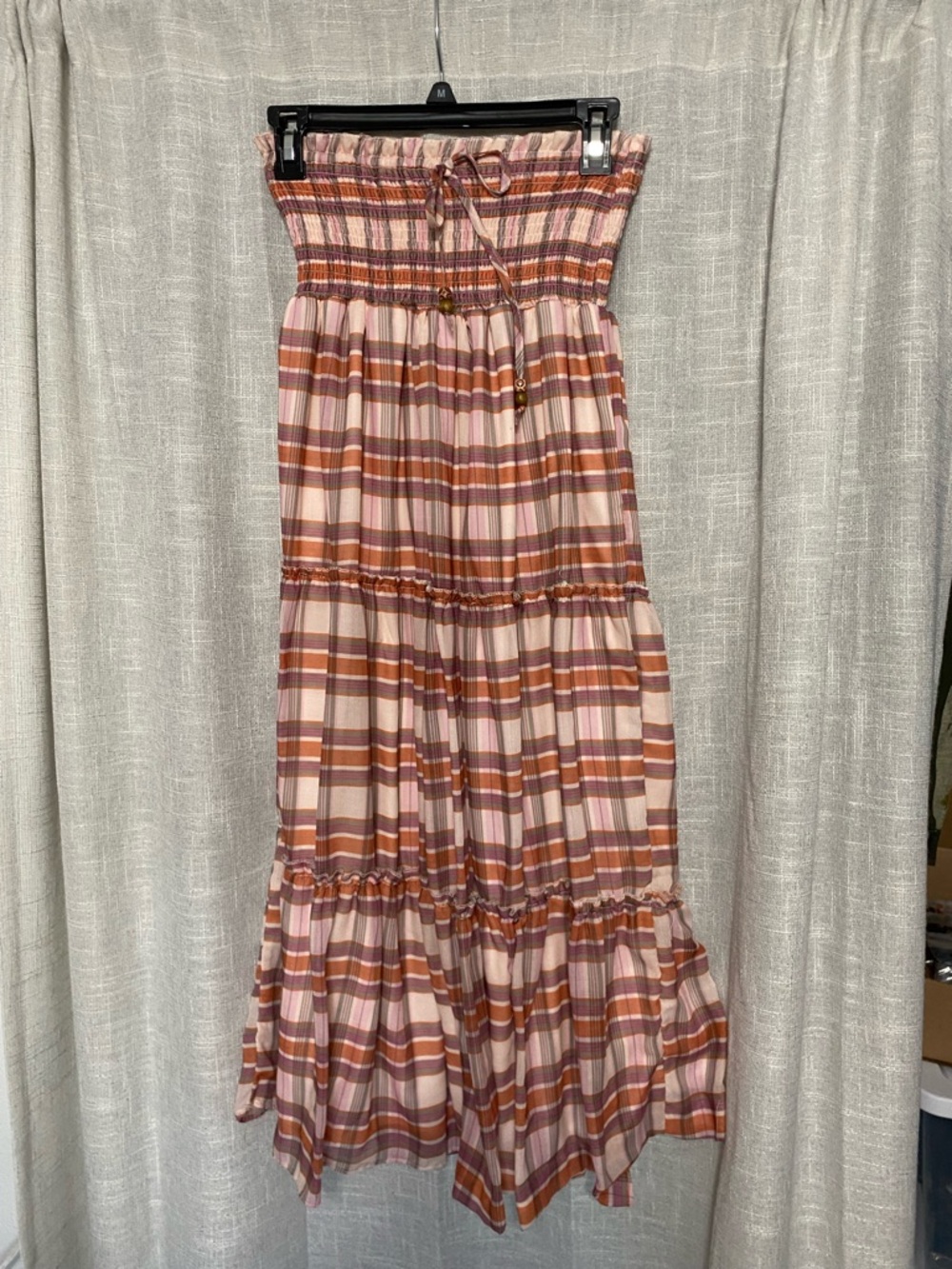 Smocked Strapless Plaid Maxi Dress in Blush & Rust
